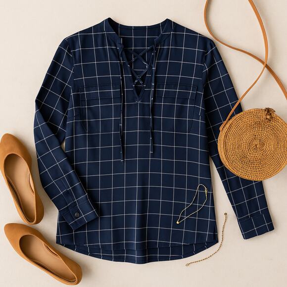 Madewell Silk Windowpane Lace Up Blouse Navy Long Sleeve Size S - Picture 3 of 10